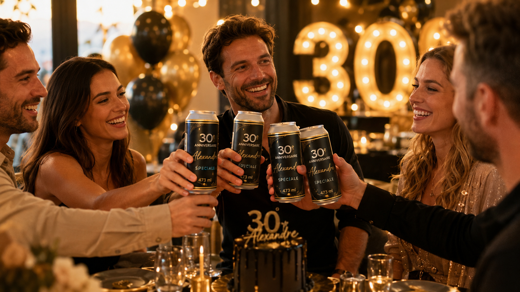 On trinque avec des canettes « 30e anniversaire » lors d'une fête, ballons et lettres lumineuses