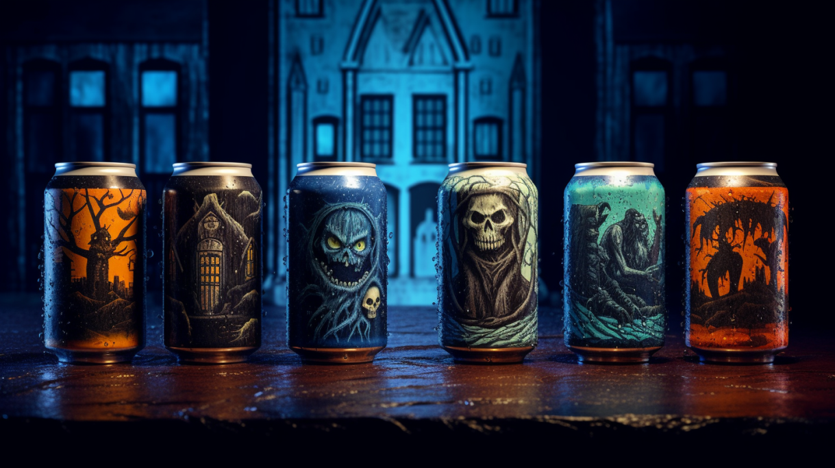 Six canettes d'Halloween devant un manoir bleuté : crânes, faucheuse verte et maison hantée