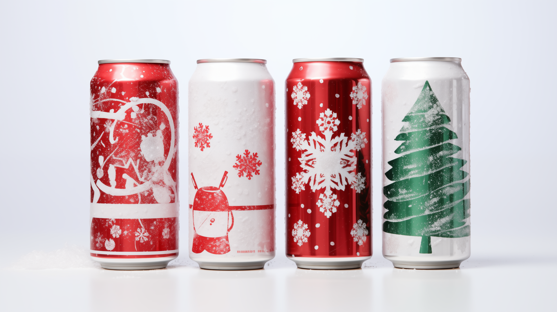 Gros plan de quatre canettes des Fêtes : motifs givrés, bonhomme de neige, flocons et sapin vert