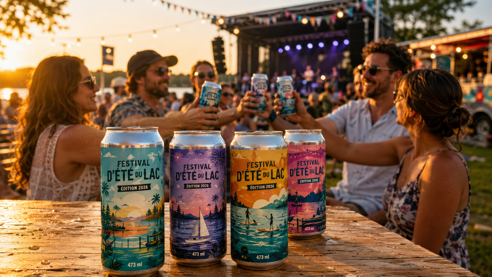 Canettes « Festival d'été du lac – édition 2026 » au premier plan d'un festival au bord de l'eau